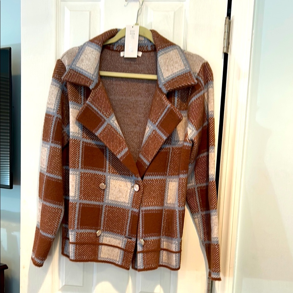 Love & Lux (Botique) Cream, Blue & Brown Blazer Sweater, M